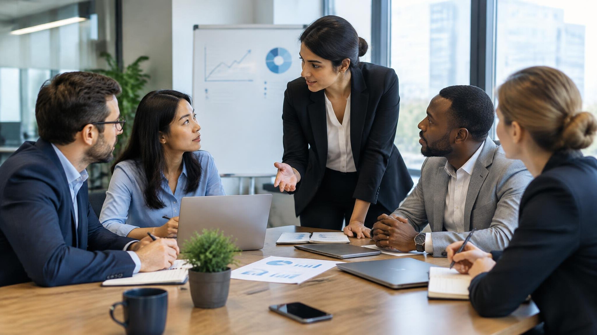 team discussing strategy in office