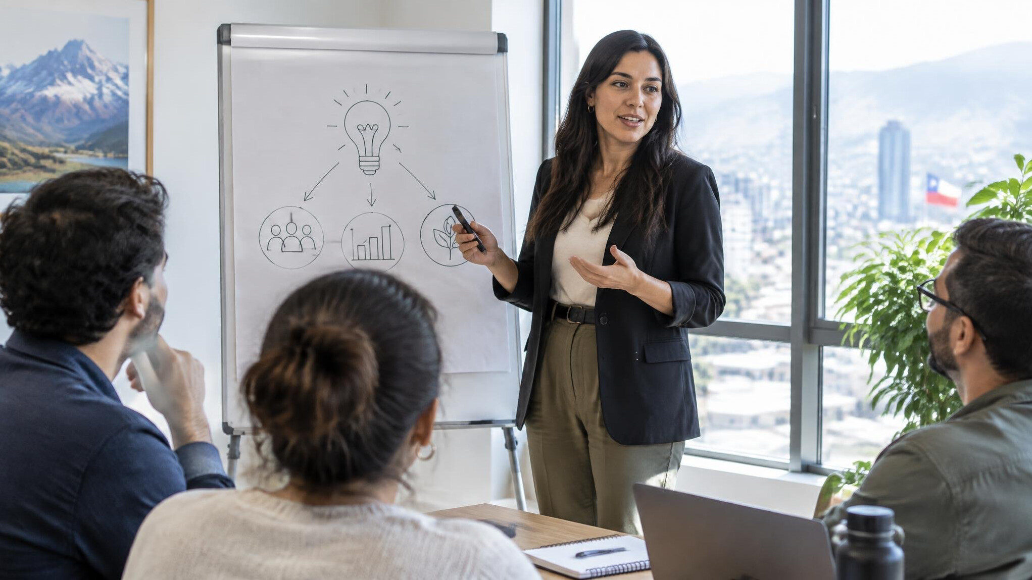 Woman presenting ideas to colleagues in front of a flip chart in an office