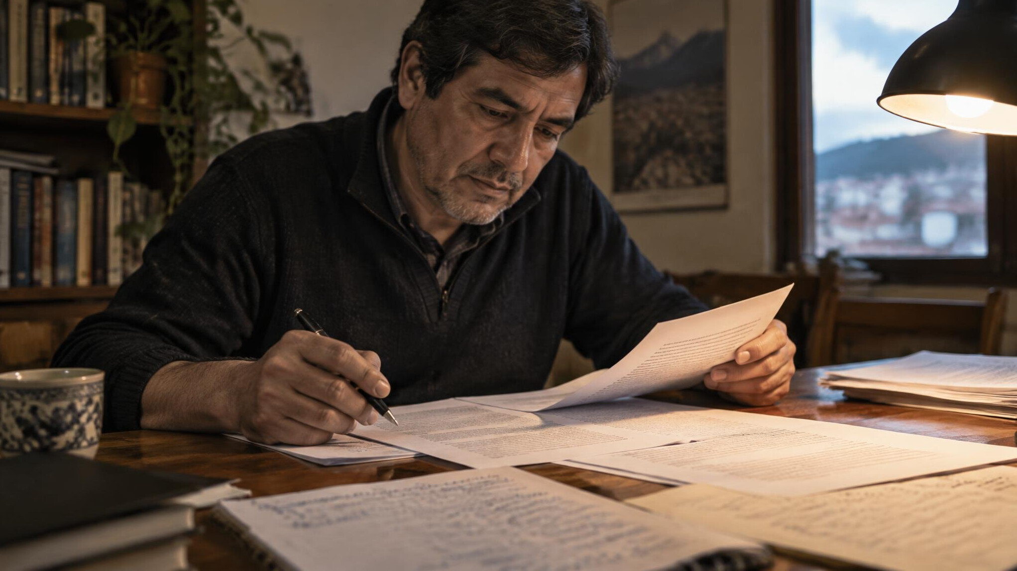 Editor reviewing printed pages and notes spread across a wooden table