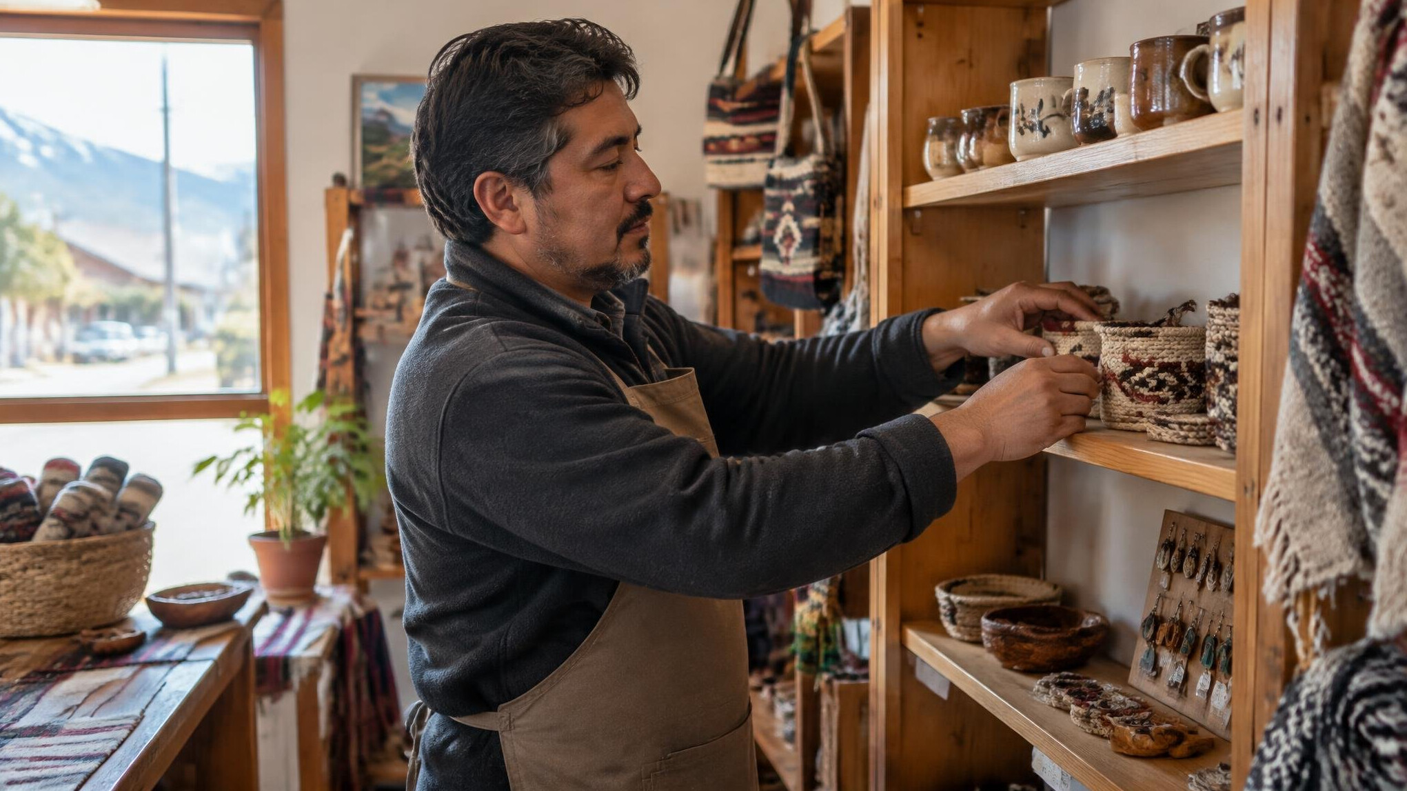 Small business owner organizing products in a local shop in Chile