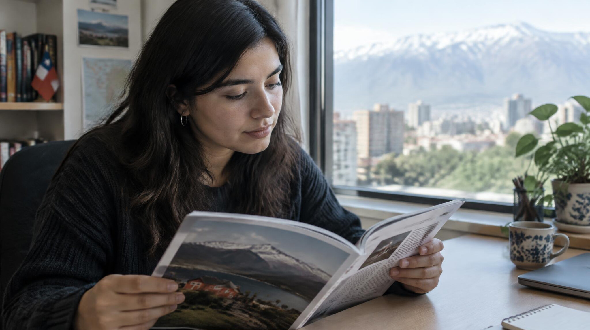 Person reading a printed magazine article at a desk near a window