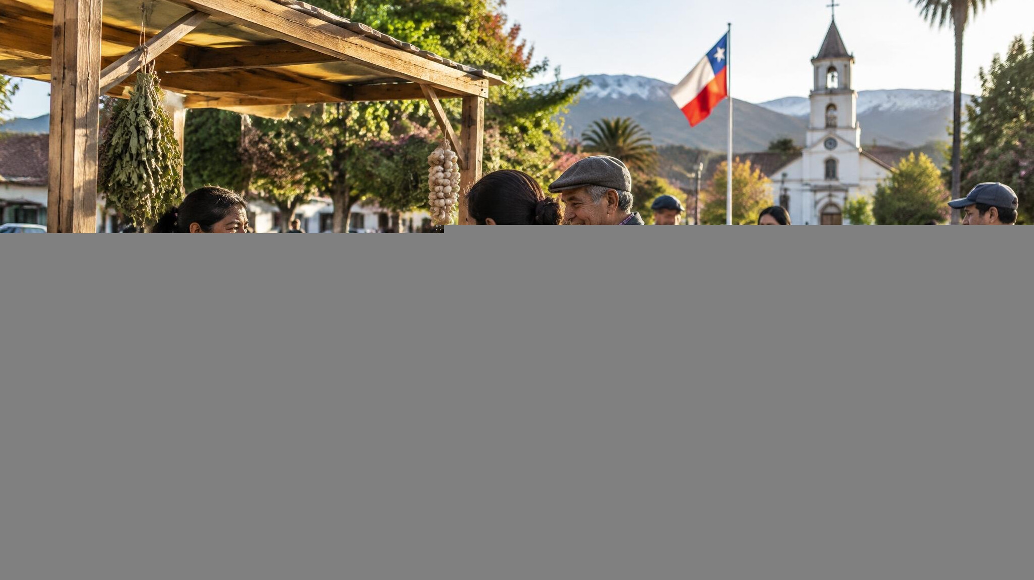 Neighbors gathered at an outdoor community market stall in a Chilean town