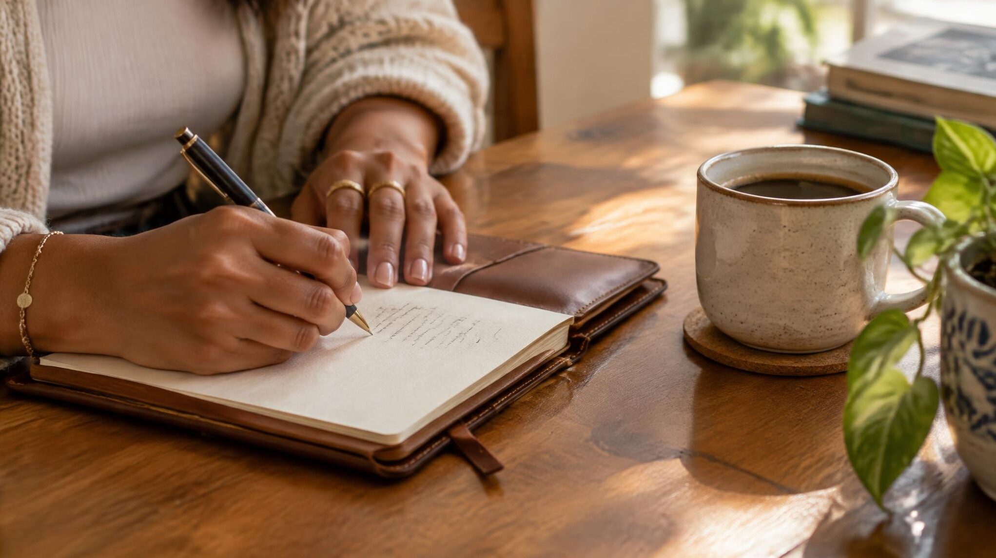 Close-up of hands writing in a notebook next to a cup of coffee, symbolizing personal reflection