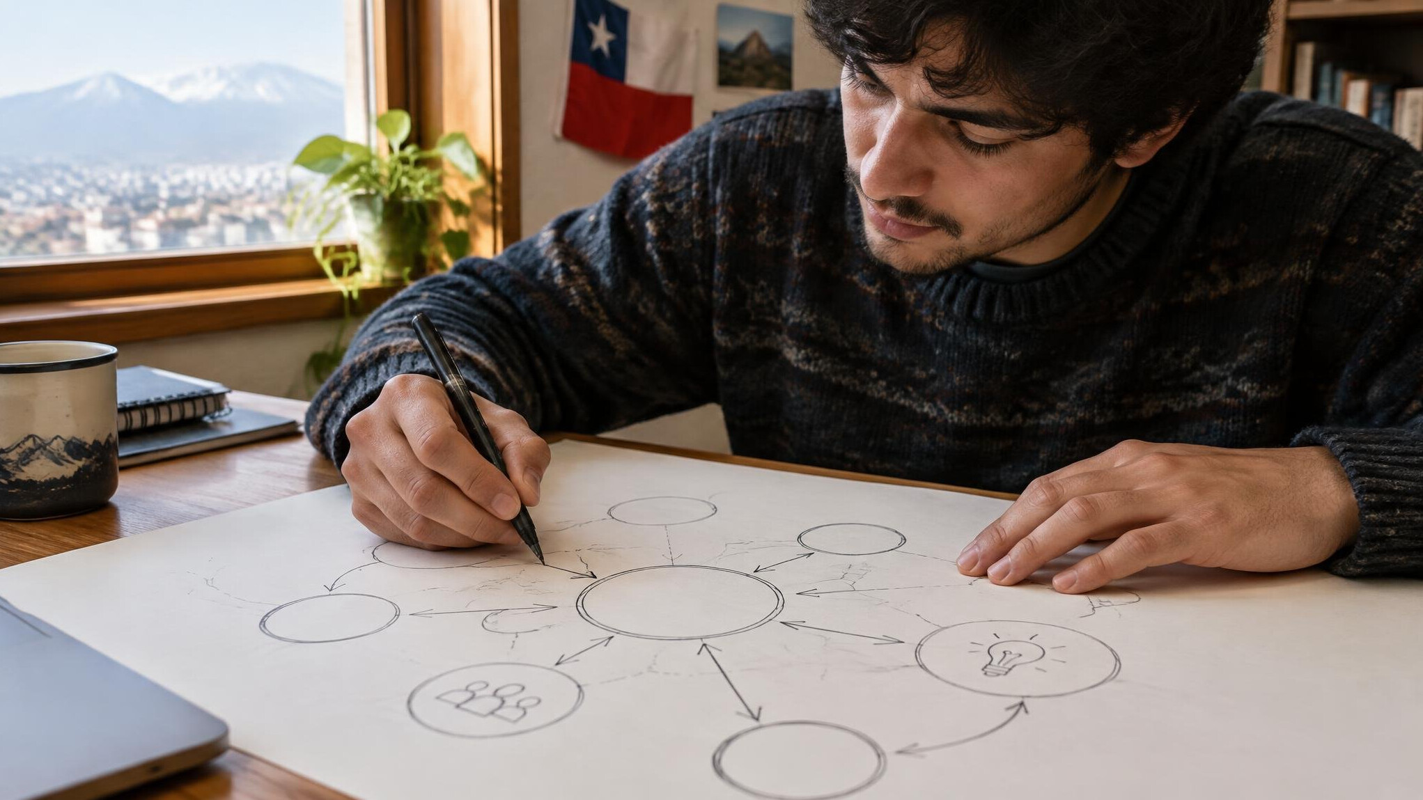 Person sketching a diagram of connected ideas on a large sheet of paper